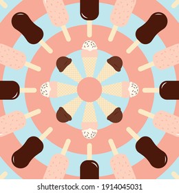 Vector with a set of sweet chocolate and vanilla ice creams in the shape of a circle with the blue and pink background