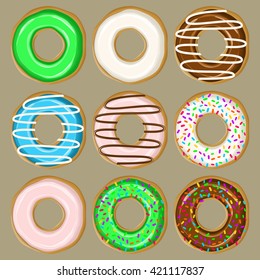 Vector set of sweet colorful donuts with different kinds of glaze and toppings including vanilla and chocolate. Good for menu, recipes, bakeries and food-sites. 