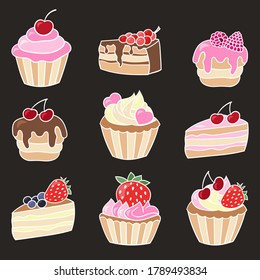Vector set with sweet cupcakes with berries on a dark background
