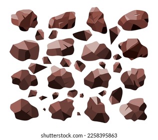 vector set of sweet dark chocolate bar crumb pieces isolated on white background