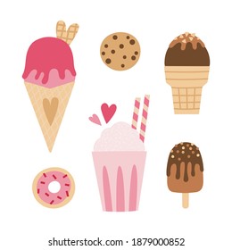 Conjunto vectorial de postres dulces - batido de leche, conos de helados, paleta de pastel esquimal, galleta y donut. Elementos para el diseño de tarjetas de felicitación de San Valentín.