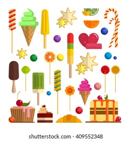 Vector set of sweet food icons in flat style. Design elements isolated on white background. Ice cream cones, candy, sweets, cake.
Candy, sweets, lollipop, cake, donut, macaroon, ice cream, jelly.