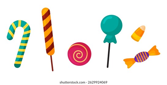 Vector set of sweet Halloween candies. Candy cane, lollipop isolated on white.