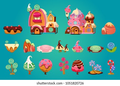 Vector set of sweet landscape elements for fantasy computer or mobile game. Candy land. Gingerbread houses, stones, various plants and platforms. Gaming assets