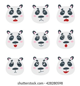 Vector set with sweet panda bear emotion faces isolated on white. Cute cartoon bear: anger, fear, surprise, joy, sadness moods.