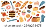 Vector set with sweet pastries in cartoon style. Baked goods and devices - French baguette, donut, croissant, bun, cake, cookies, eclair, macaron, cupcake, rolling pin, whisk. Hand drawn style. 