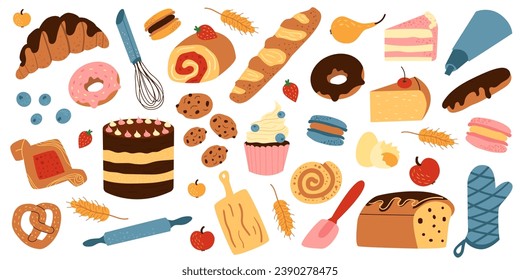 Vector set with sweet pastries in cartoon style. Baked goods and devices - French baguette, donut, croissant, bun, cake, cookies, eclair, macaron, cupcake, rolling pin, whisk. Hand drawn style. 