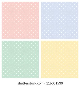 Vector set of sweet seamless patterns or textures with white polka dots on pastel, colorful background: baby pink, blue boy, sunny yellow and spring green