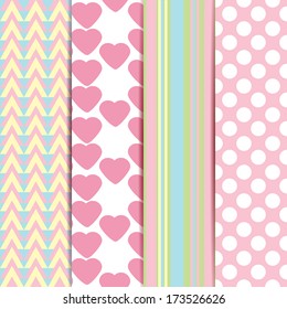 Vector set of sweet seamless patterns or textures with polka dots, geometry, heart background. Pattern swatches with global colors - easy to change all patterns in one click. Vector illustration/EPS10