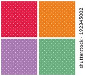 Vector set with sweet tile patterns with white polka dots on pastel, colorful summer background: red, orange, violet and green for desktop wallpaper or kids website design