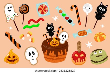 Vector set of sweet treat for Halloween. Cake, lollipop, marmalade, cookie in the shape of scary characters. Cute ghost, scull, pumpkin, bat, etc.