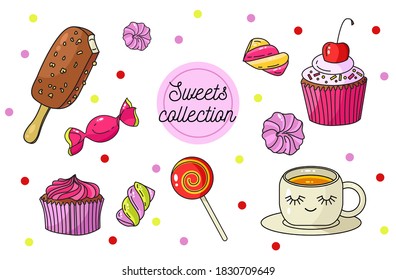 Vector set of sweets badges and stickers. Collection: marshmallows, cupcakes, popsicle ice cream, marshmallows, sweets, candy on a stick. Trendy illustration for t-shirt printing or banner. Pop Art.