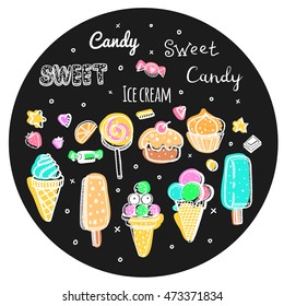 vector set with sweets and candy dessert cupcake elements shop sketch