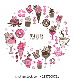 Vector set of sweets chocolate elements and decor. Doodle design with pink and brown. Illustration desserts for cafe menu and party. Isolated drawings on white background.