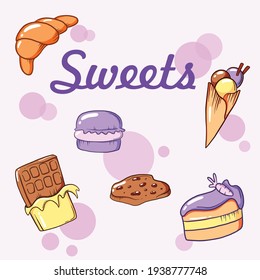 Conjunto de vectores de dulces. Croissant, chocolate, macarón, helado, galleta, pastel.