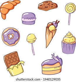 Vector set of sweets. Croissant, cookie, lollipop, donut, macaroon, ice-cream, candy, cupcake, chocolate, cake.