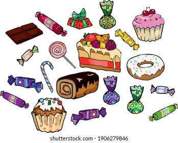 Vector set of sweets, cupcakes and chocolate 