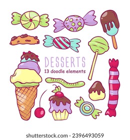 Vector set of sweets in doodle style. In color, on a white background. 13 elements