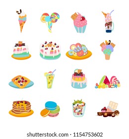 Vector set of sweets: hard candy, chocolate, candy cane, lollipop, peppermint, ice cream, watermelon, donuts, jelly, cake, fruits, waffles. Vector illustration hand made drawn. Sweet summer, make fun
