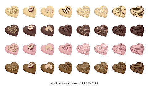 Vector set of sweets. Heart shaped white, milk, pink and dark chocolate candies decorated with nuts and pastry cream.