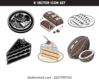 Conjunto vetorial de doces, conjunto de ícone de doces, bolos, colates, conjunto vetorial, pedaço de chocolate ou doces.