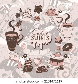 Vector set of sweets isolated elements with handwritten words. Pattern background