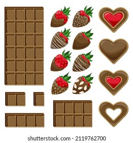 Conjunto de vectores de dulces. Bar de chocolate con trozos separados, fresas cubiertas de chocolate y galletas en forma de corazones cubiertos de acristalamiento y mermelada roja.