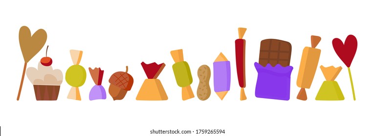 Vector set of sweets on a white background. Horizontal banner, background for social network, advertising. Lollipops, cake, sweets, sweets, chocolate and even peanuts. Horizontal banner for background