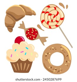 Vector set of sweets and pastries. Crispy croissant, tasty cupcake with cream, sprinkles and cherries, ruddy bagel with sesame seeds, sweet lollipop, cherry caramel wrapper