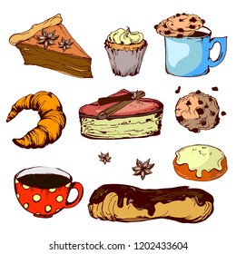 vector set of sweets, pastries and drinks, isolated on white background, hand drawing