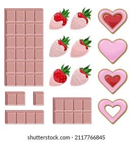 Vector set of sweets. Pink chocolate bar with separate pieces, strawberries covered with chocolate and cookies in the shape of hearts covered with glaze and red jam isolated on white background. 