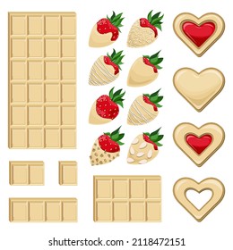 Vector set of sweets. White chocolate bar with separate pieces, strawberries covered with chocolate and cookies in the shape of hearts covered with glaze and red jam.