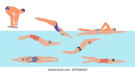 Vector set with swimmers in the pool. Men and women swim in different styles. Flat design