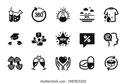 Vector set of Swimming pool, Throw hats and Chemistry lab icons simple set. Champagne glasses, Dumbbells and Return parcel icons. Wash t-shirt, Medical drugs and Writer signs. Vector