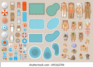 Vector Set. Swimming Pool Top View. Pools Of Various Shapes, Furniture, Objects, People.
(View From Above)