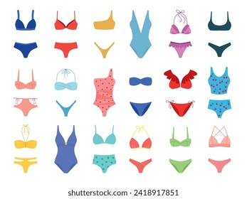 Conjunto vectorial de trajes de baño. Esbozos de bikini, monokini. Ropa de baño para mujeres. Colección de trajes de baño de una sola pieza y bikinis.