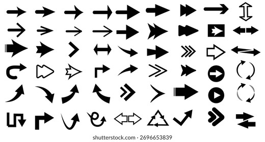 Conjunto vetorial de setas deslizantes. Ícone de vetor de seta. Coleção Arrows. Setas grandes ícones de conjunto preto, ícone de seta, setas simples modernas