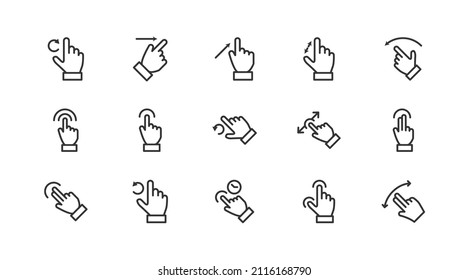 Vector set of swipe  thin line icons. Design of 20 stroke pictograms. Signs of swipe  isolated on a white background.