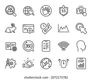 Conjunto de vectores de los iconos de la línea de libro de Internet, Diagrama y Swipe up. No toque, clima soleado y haga clic aquí iconos. Realidad aumentada, empleados de búsqueda y signos de documento de informe. Vector