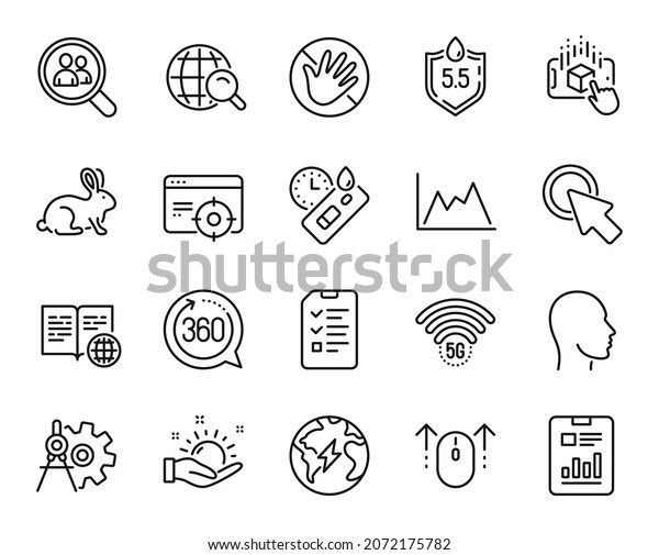 Vector\
set of Swipe up, Diagram and Internet book line icons set. Do not\
touch, Sunny weather and Click here icons. Augmented reality,\
Search employees and Report document signs.\
Vector