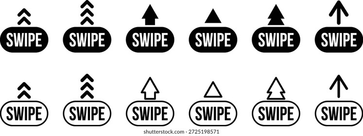 Conjunto de Vectores con la palabra “SWIPE” dentro de los óvalos con símbolos que apuntan hacia arriba, incluyendo flechas, galones y triángulos. Incluye estilos de contorno y sólidos. Ideal para Instrucciones de interfaz de usuario móvil, interfaces de App, indicadores de desplazamiento y Elementos digitales de llamada a la acción.