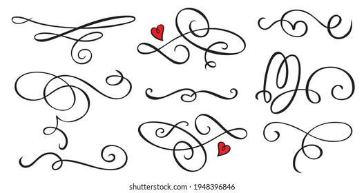 Vector set of swirl divides with red heart detail isolated on white background. Vector illustration Print