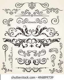 Vector set of Swirl Elements and Corners for design. Vector set of Calligraphic Design Elements for page decoration, Labels, banners, baroque Frames and floral ornaments. Old paper Decoration