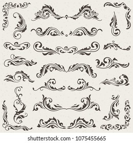 Vector set of Swirl Elements for design. Calligraphic page decoration, Labels, banners, antique and baroque Frames floral ornaments. Old paper