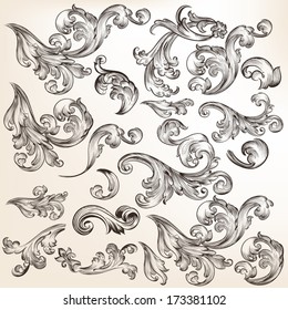 Vector set of swirl elements for design. Calligraphic vector