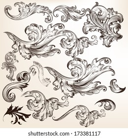 Vector set of swirl elements for design. Calligraphic vector