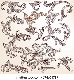 Vector set of swirl elements for design. Calligraphic vector