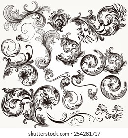 Vector set of swirl elements for design. Calligraphic vector