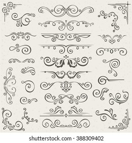 Vector set of Swirl Elements for design. Vector set of Calligraphic Design Elements for page decoration, Labels, banners, antique and baroque Frames and floral ornaments. Old paper Decoration