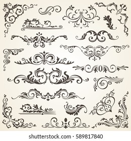 Conjunto de vectores de elementos de rotación para el diseño. Conjunto vectorial de elementos de diseño caligráfico para la decoración de páginas, etiquetas, banners, marcos antiguos y barrocos y adornos florales. Decoración de papel antiguo